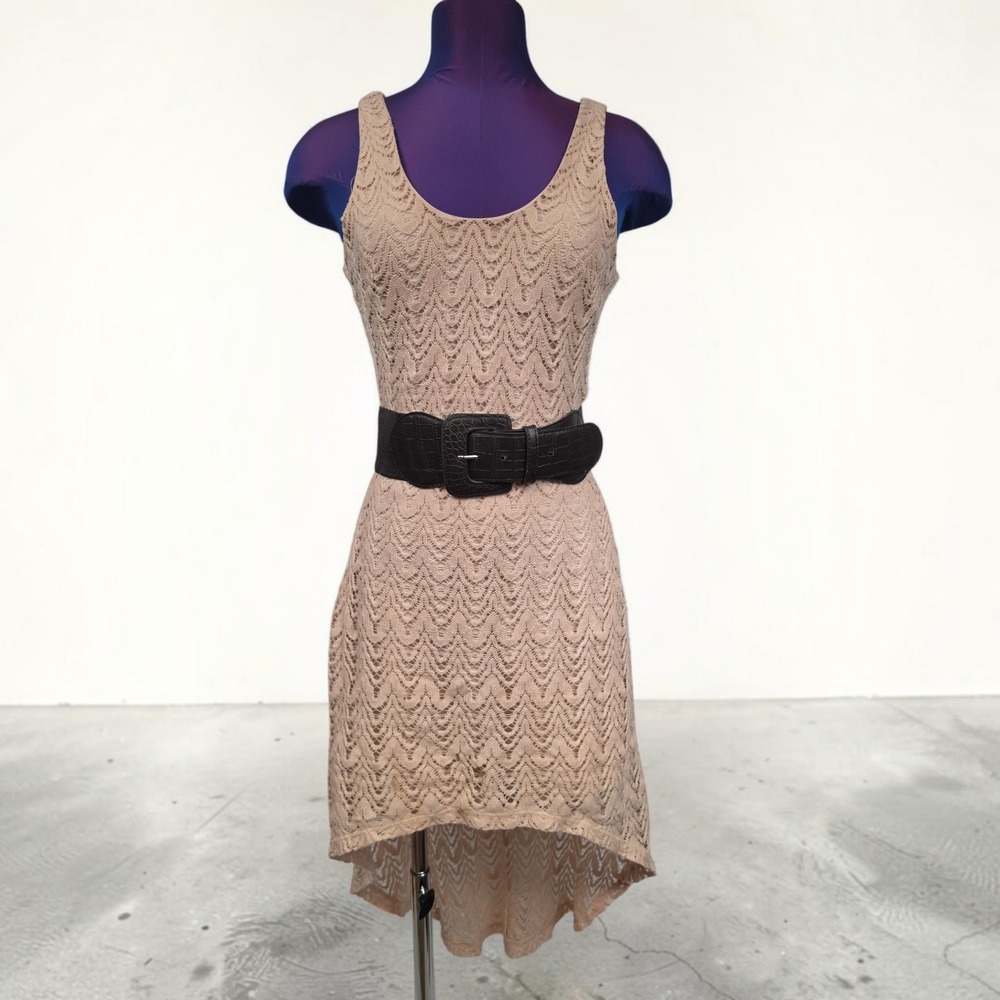 Wet Seal Tan Chevron Lace Hi-Low Dress Deep V-Back Sleeveless XS Vintage Y2K